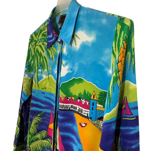Diane Gilman Women's 100% Silk Blouse Tropical Size Medium Palm Trees, Sail Boat - Picture 4 of 15
